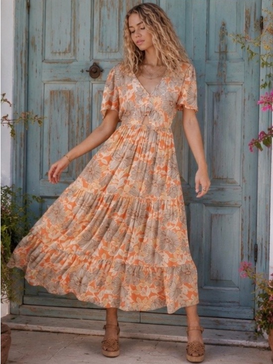 Band Of The Free Dresses & Skirts - Band of the Free Apricot Floral Tiered Maxi Dress Size Small NWT